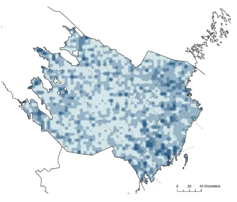 Figur 9. Täthetsindex förekomst av arter som indikerar värdefulla gräsmarker i Västerbottens län nedanför  fjällen