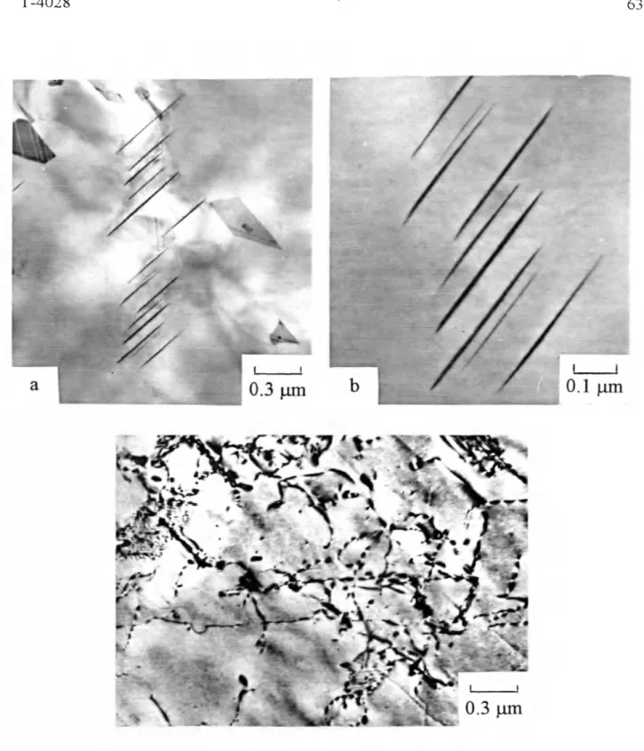 Figure 4.10:  TEM   micrographs  o f Sample  4  which  was  solutionized,  quenched,  and  artificially  aged  at  473  K  for  8  hours,  a  and  b) Disc  shaped  precipitants  observed  in  plane  o f micrograph