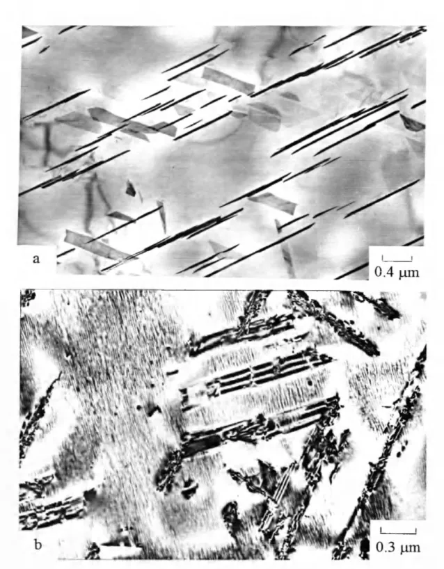 Figure 4  12:  TEM   micrographs  o f Sample  12  which was  solutionized,  quenched,  and artificially aged  at  473  K  for 24  hours,  a)  Disc  shaped  precipitants  observed  in plane  o f micrograph