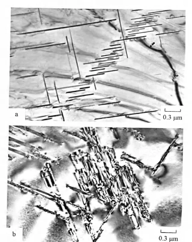 Figure 4.13:  TEM   micrographs  o f Sample  16 which was  solutionized,  quenched,  and artificially  aged  at  473  K for 40  hours,  a)  Disc  shaped  precipitants  observed  in  plane  o f micrograph