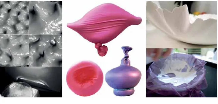 Figure 3: examples of experimental physical modelling for exploring form ideas  for a dinnerware project (student works), from left to right: (i) transmitting  soundwaves through a liquid, (ii) using balloons &amp; flour, and (iii) using plaster &amp; 