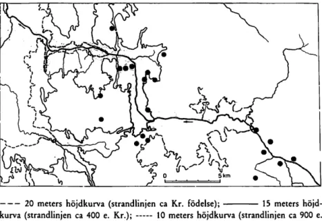 Fig. 1. Bosättningen mot slutet av folkvandringstiden och under merovingertiden i Kyro älvdal.