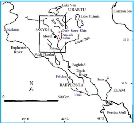 Figure 26: Location of the capital towns of the Assyrian Empire (Ashur, Dur- Dur-Sharrukin, Neniva, and Nimrud)