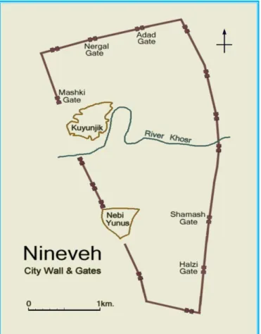 Figure 28: Map showing Nineveh great wall with its fifteen gates [6]. 