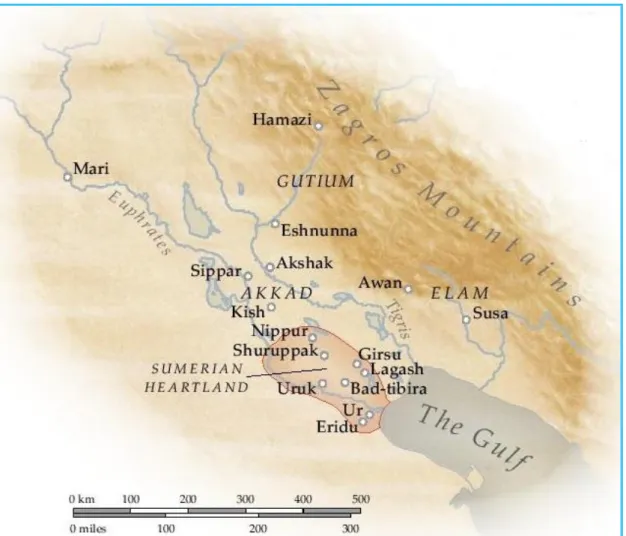 Figure 9: Map Showing the Sumerian Heartland and Tigris and Euphrates  estuaries.   