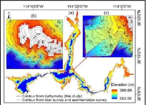Figure 12: (a) Full bathymetry of Lake Mead, including the remotely sensed  bathymetry (3330.62-369.65m) and the projected bathymetry  (263.00-330.62m); (b), (c) close-up views of the two regions with (b) satisfactory and  (c) unsatisfactory performances a