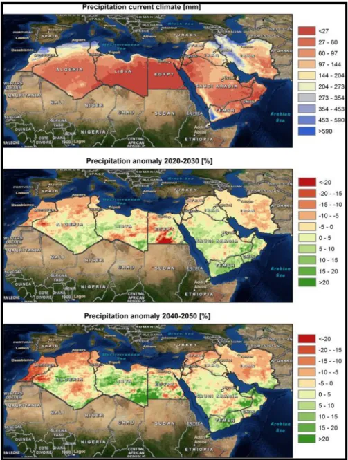 Figure 11: Spatial patterns of precipitation projections. Top: Average annual  precipitation sum of the current climate