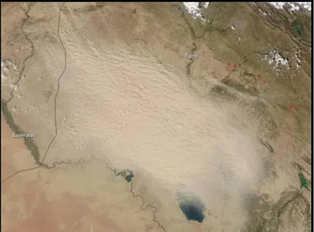 Figure 4: Aerial view of a dust storm. Note it had started just in the northwestern borders of Iraq  (The Moderate Resolution Imaging Spectroradiometer (MODIS) on NASA's Aqua satellite 