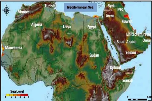 Figure 6: The Situation of the sea level rise for Egypt (Nile River delta and Iraq (Tigris and  Euphrates delta (Shown in red and yellow colors (Ghoneim, 2009)   