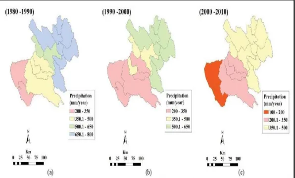 Figure 7: Spatial distribution of precipitation in the Diyala basin over three decades (a) 1980 –  1990; (b) 1990 – 2000; (c) 2000 –2010