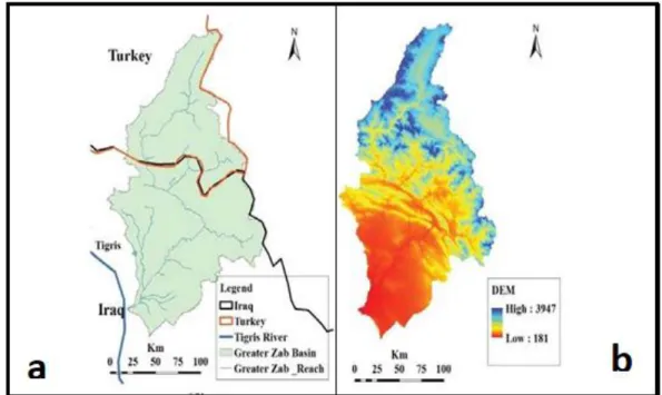 Figure 2: Greater Zab basin: (a) the location; (b) DEM (Abbas et al., 2016 b) 