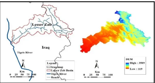 Figure 3: Location and boundaries of the Lesser Zab River basin and a DEM map (Abbas et al, 2016c) 