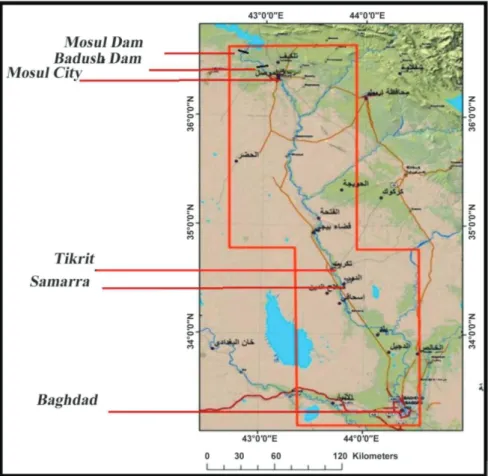 Figure 1. The Map shows the location of both Mosul and Badush dams and the extent of  Mosul Dam flood wave and the impounded cities