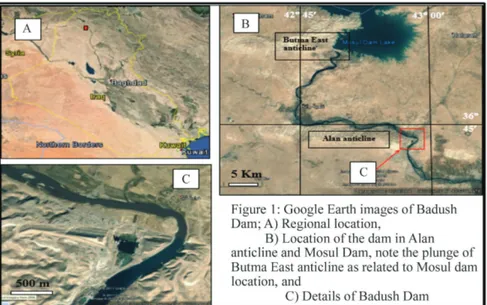 Figure  2. Badush Dam Site location and an aerial view of the unfinished dam’s work   from Google Earth