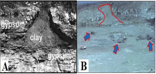Figure 6: A) Gypsum- karst opening, now filled with clay deposited from  through-flowing waters