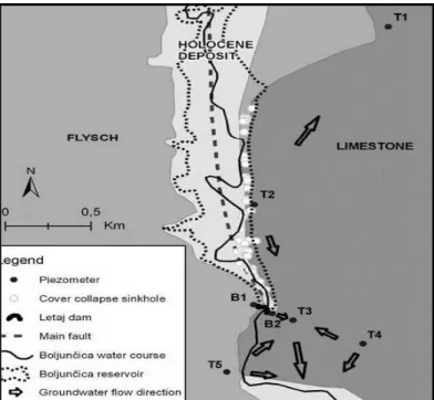 Figure 10: Map of reservoir with designated geological structure piezometers,  cover collapse sinkholes and groundwater flow directions