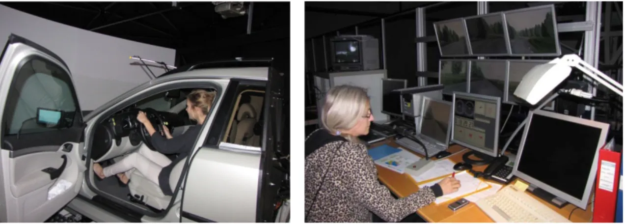 Figure 2: One of the participants adjusting her driving position in the VTI Driving  Simulator III (left)