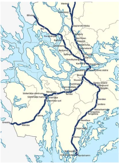 Figure 3- The commuter train network in Stockholm (Frohne 2014) 