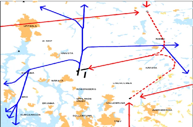 Figur 11 är ett exempel på flygvägar till och från Arlanda. De Blå heldragna linjerna  illustrerar flygvägar för avgående trafik (SID) från bana 01L