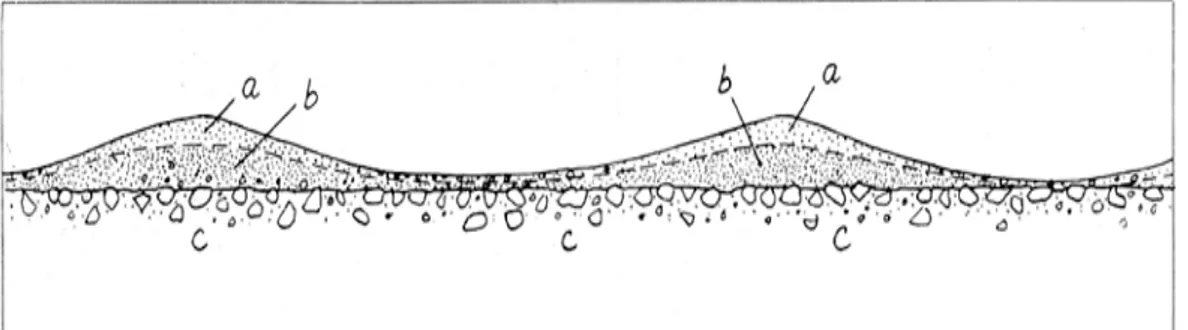 Figur 4.15  Schematisk profil genom normalkorrugering på väg, grusad med fint,  sandigt grus (Beskow, 1932)  