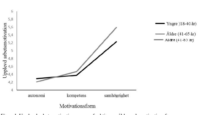 Figur 1. Upplevd arbetsmotivation som en funktion av ålder och motivationsform  Skalans variationsvidd 1 – 7