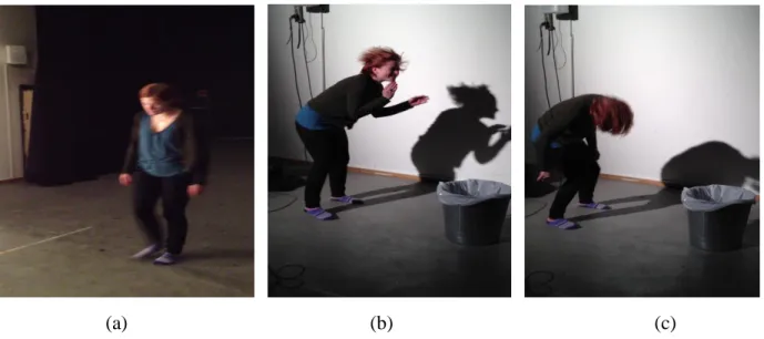 Fig. 5 shows that an interactive environment which facility an artist to perform her arm and bod  movements  compatible  with  background  sounds