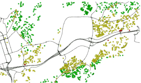Figur 1: Exempel på beräkningsresultat från Borås, punktens färg anger: grön &lt; 45 dB, gul 45-60 dB, röd &gt; 60 dB