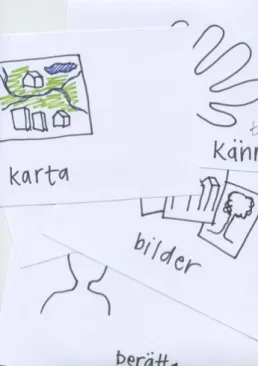 Figur 2. Bilden visar några av de bild och text-kort som användes vid fokusgruppen.  