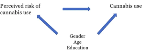 Figure 2:  The interrelationship between the variables perceived risk of cannabis use, cannabis use,  gender, age, and education