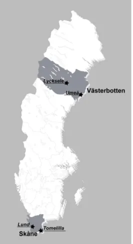 Figur 1. Studiens kommuner Umeå och   Lycksele i Västerbotten respektive Lund  och Tomelilla i Skåne.