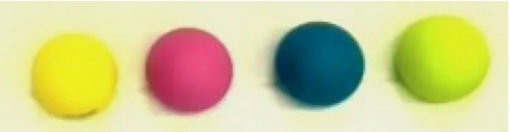 Figure 9: The spheres to be used in Test two. From the left are the yellow, pink, blue, and green spheres, respectively.
