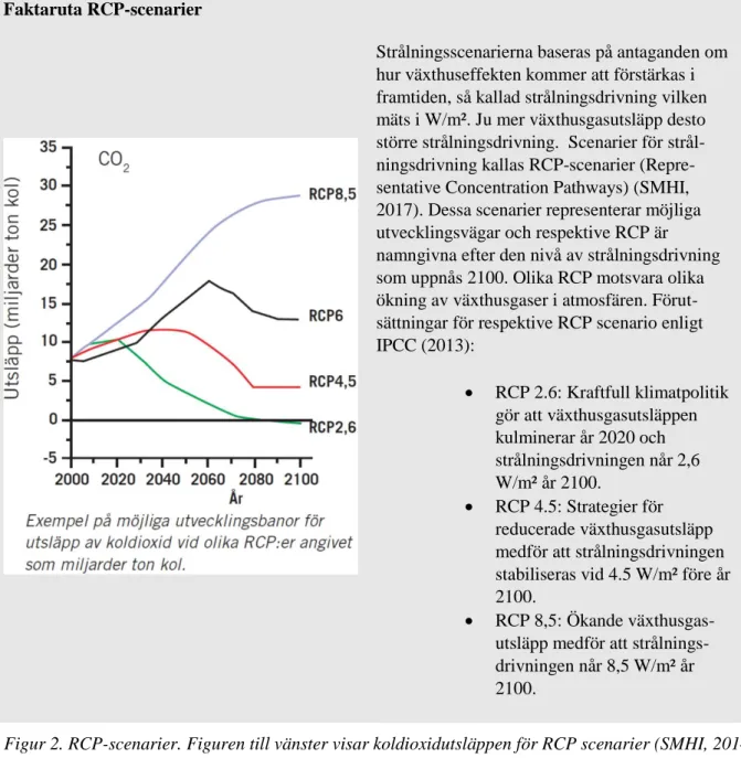 Figur 2. RCP-scenarier. Figuren till vänster visar koldioxidutsläppen för RCP scenarier (SMHI, 2014  från IPCC, 2014)