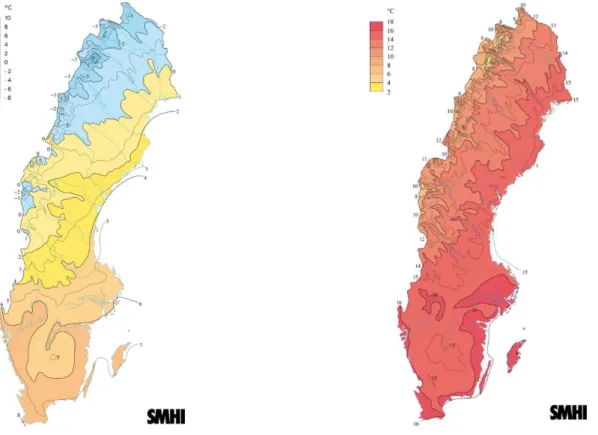 Figur 3. Klimatkarta som illustrerar årsmedeltemperaturen (till vänster) samt månads-