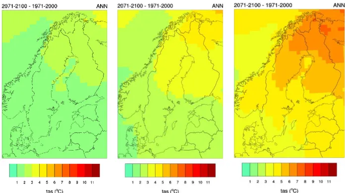 Figur 5. Beräknad förändring av årsmedeltemperaturen (°C) för perioden 2071–2100 jämfört med  1971–2000