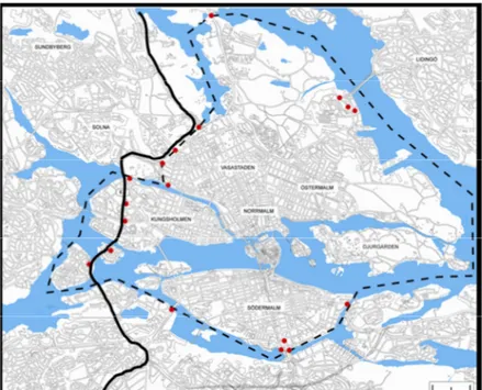 Figure 1. The Stockholm congestion charging system. The dashed line is the charging cordon, the dots are  charging points and the solid line is the non-charged Essinge bypass