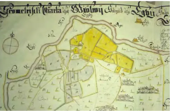 Figur 4  Geometrisk avmätning över Götevi (LSA. D19-37:1 från 1707) söder  om Motala i Östergötlands län
