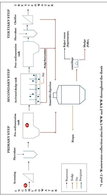 Figure 3.1  A simplified overview of wastewater treatment in Kungsängen  wastewater treatment plant (KWWTP) (UWW/UW represents  treated  wastewater  and  TWW/TW  represents  treated  wastewater) 