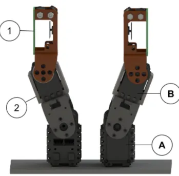 Figure 3: 1 and 2 shows the location of the upper and the finger’s lower section, while A and B show where the AX-12A and the XL-320 are mounted.