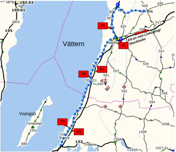 Figur 1  Turistvägen Gränna–Rök–Ödeshög. Den prickade blå linjen anger 