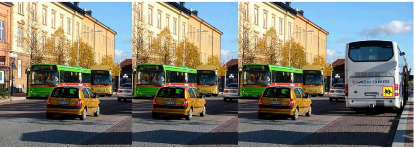 Figur 6  Bilden med skylten längst till höger, i nederkant på bussens högra sida. Under  försöket flyttades en gul fixeringspunkt omväxlande från skyltens mitt horisontellt ut till  vänster eller från bildens vänstra kant i höjd med skylten och horisontell