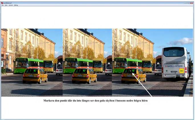 Figur 8  Försöksapplikationen med bilden som visades och instruktionstexten. Under  försöket flyttades en gul fixeringspunkt (se den vita pilen) omväxlande från skyltens mitt  horisontellt ut till vänster eller från bildens vänstra kant i höjd med skylten 