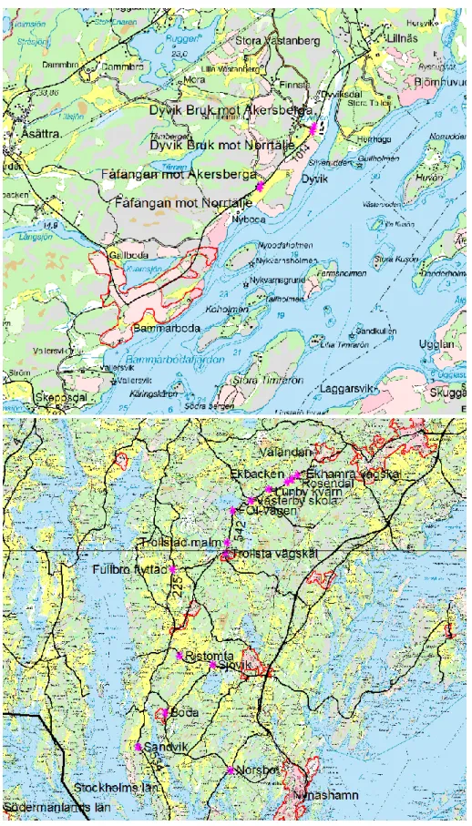 Figur 3. Hållplatsernas position. Övre figuren är Österåker kommun och nedre är  Nynäshamn