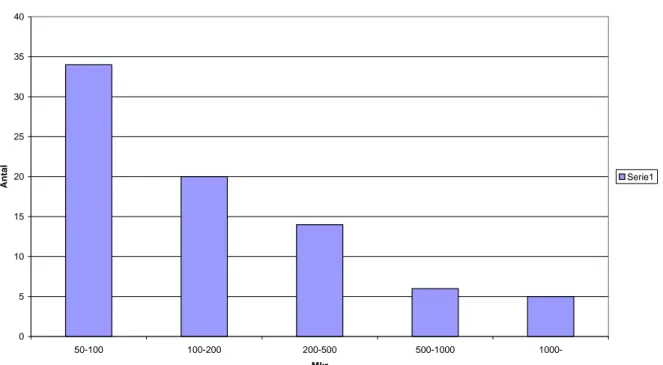 Figur 3  Storleksfördelningen för avslutade projekt i Vägverket 2000–2006. 