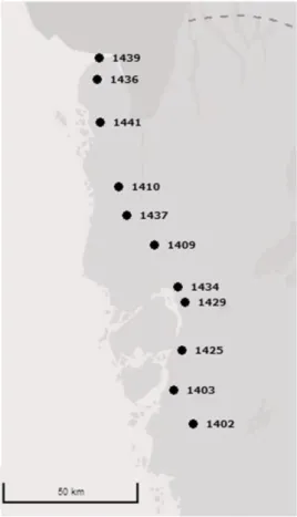 Figur 1 visar de VViS-stationer som är tillgängliga på den aktuella vägsträckan mellan  den svenska gränsen mot Norge och ner till Kungälv