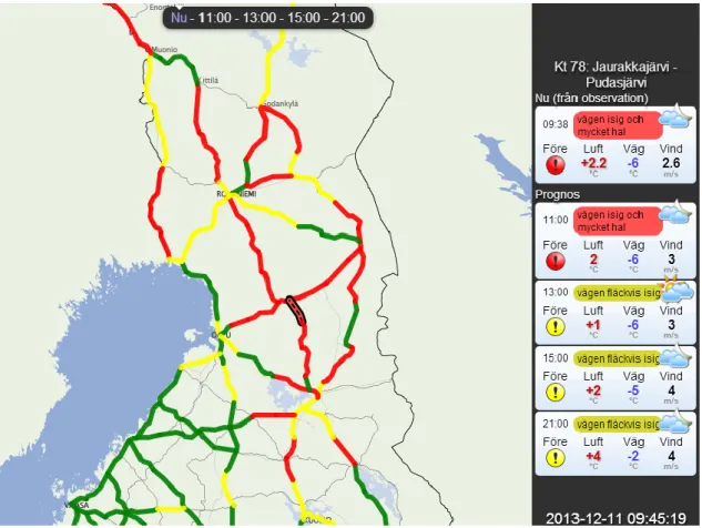 Figur 9. Exempel på Väglagsprognos från finska Trafikverket. Vald vägsträcka är den  med svart kontur i mitten av bilden