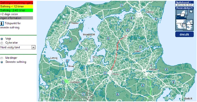 Figur 11. Exempel från Danmarks Vinterman. Rödmarkerad vägsträcka saltades vid  tidpunkten för bilden, grönmarkerade vägar saltades 12-48 timmar tidigare