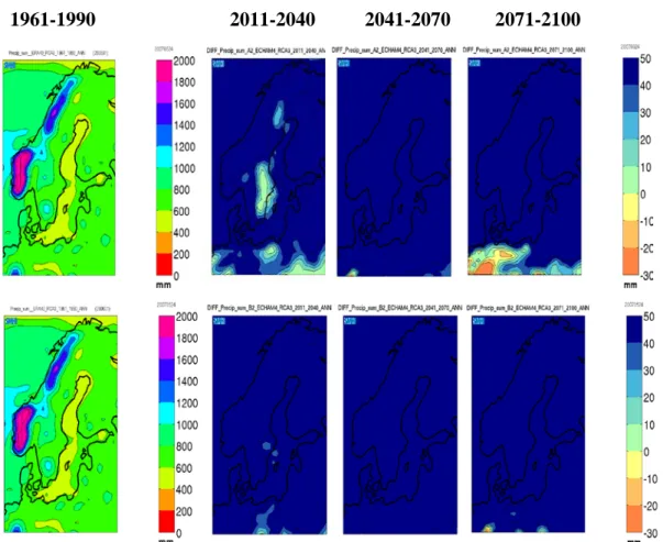 Figur 3.8  Ändring av den årliga nederbördsmängden för scenario A2 (överst) resp. B2  (underst)