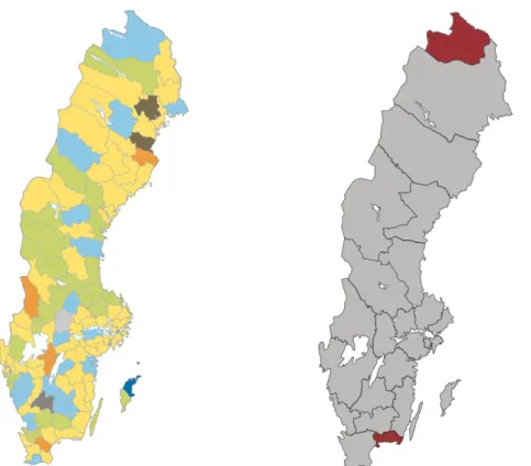 Figur 8. Sveriges driftområden uppdelat i driftentreprenörer 2017 (vänster) (Trafikverket, 2018a)