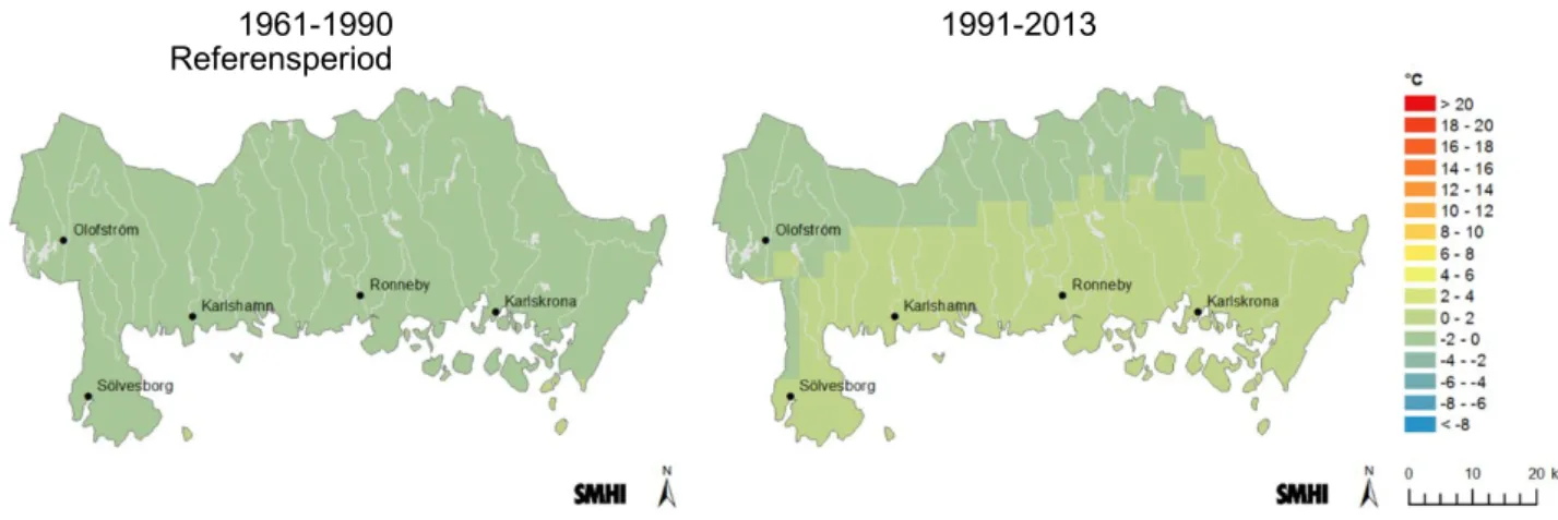 Figur 12. Observerad säsongsmedeltemperatur dec–feb 1961–1990 (vänster) och 1991–2013 (höger)  (SMHI, 2018b)