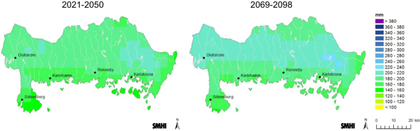 Figur 16. Scenario RCP4.5 nederbörd dec–feb 2021–2050 (vänster) och 2069–2098 (höger) (SMHI,  2018b)